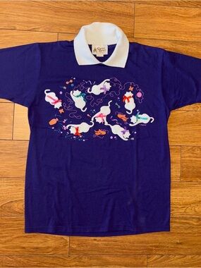 Vintage Cracker Barrel purple cat polo shirt with bows